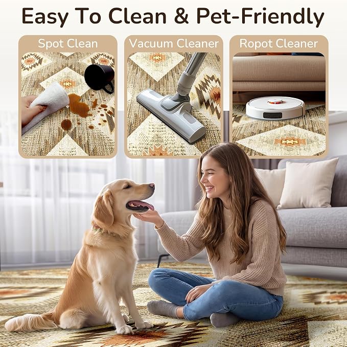 2'x5' Washable Area Rug for Living Room Runner Cream/Camel | Soft Western No Slip Low Pile Print Foldable Indoor Small Rug for Kitchen entrance entryway hallway