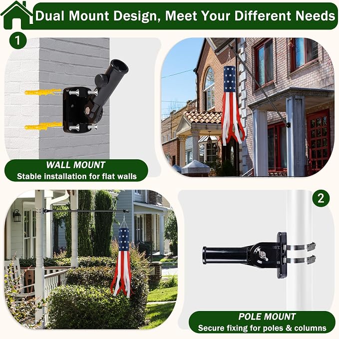 Windsocks Kit for Outside House, 4th of July Decorations US Flag 40 Inch Wind Socks with 6FT Stainless Steel Flagpole with Flag Holder and Rings(Black)