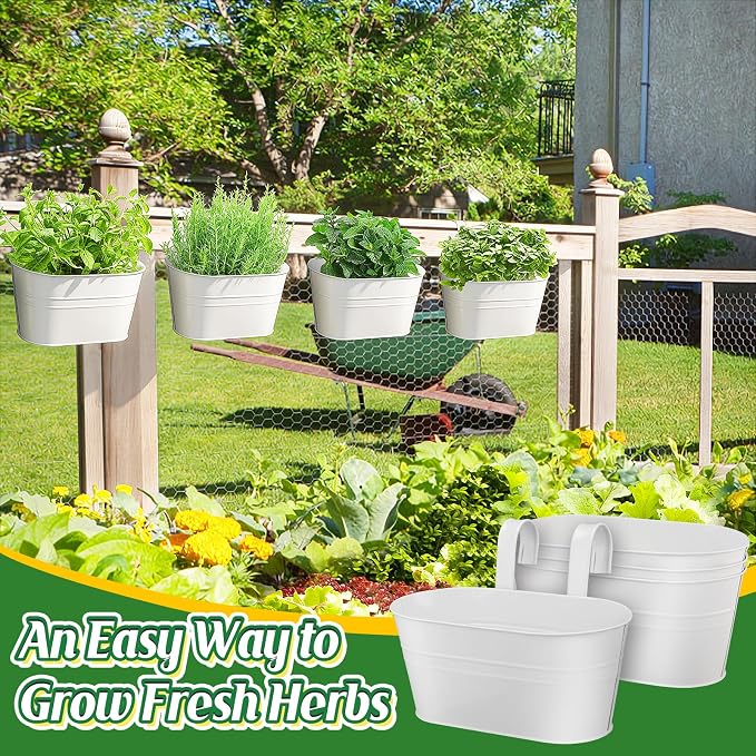 MADHOLLY Railing Planter with Drainage Holes - Sturdy Bucket Pots for Railing Fence, Countryside Style Metal Flower Pots for Herbs Balcony Garden Yard Decor, 4Pcs, White