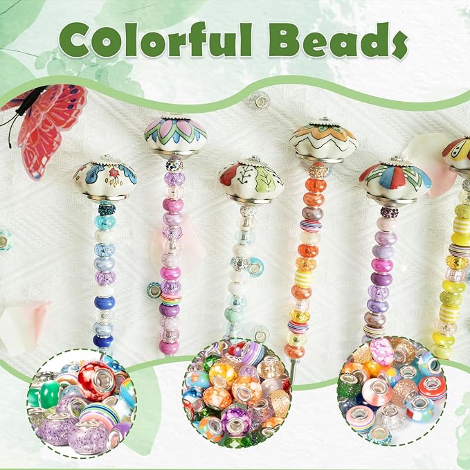 250Pcs Mushroom Beaded Garden Stakes, DIY Ceramic Wand Decor | Contains 250pcs: Ceramic Mushroom Tops, Acrylic Beads, 9.8" & 2.5" Steel Rods, Perfect for Pots, Planters, Patio, or Gifts
