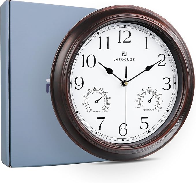 Lafocuse 12 Inch Outdoor Clocks Waterproof for Patio Pool Bathroom | With Thermometer Combo and Hygrometer, Vintage Rustic Weather Outside Clock for Garden Garage Porch Kitchen, Silent, Accurate