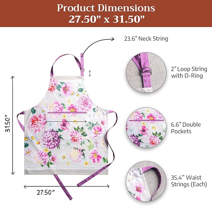 Maison d' Hermine Aprons for women with Pocket 100% Cotton (27.50"x31.50") | Adjustable Neck Strap & long ties Apron Men Chef Wedding Cooking Gardening Server Maid