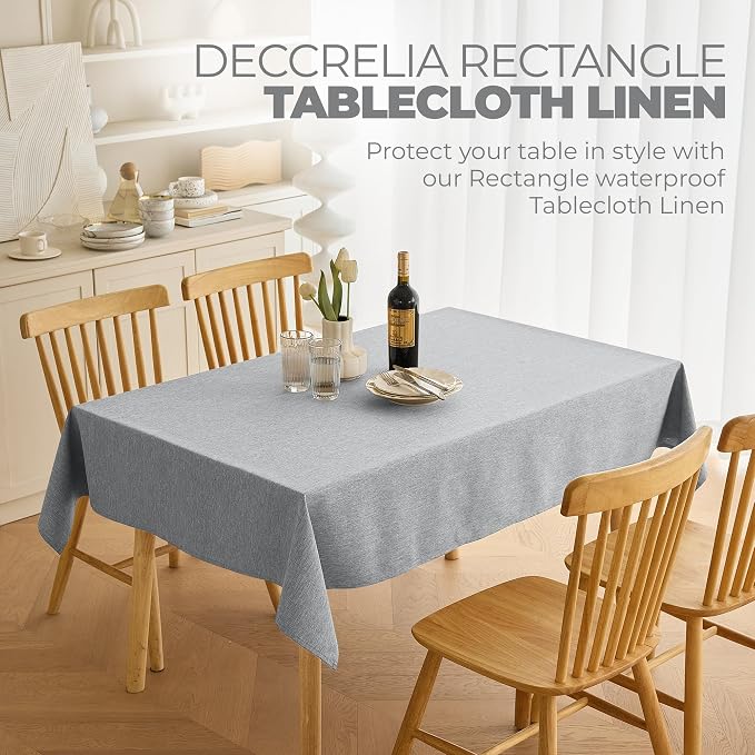 Decorelia Waterproof Faux Linen Rectangle Tablecloth, Spillproof Wrinkle Free Outdoor Reusable Table Cloth for Holiday, Banquet, Party, Buffet Dinner (Oblong,60 x 120 Inch (10-12 Seats), Cool Grey)