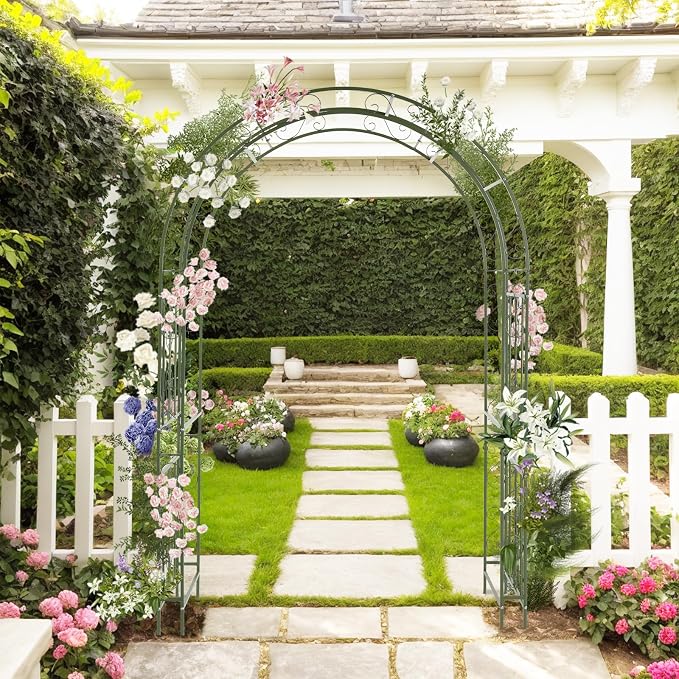 Outvita Garden Arch Arbor, Heavy Duty Metal Arbour Archway, Decorative Frame Stand Trellis for Wedding Ceremony Party Plant Climbing Rose Vines Lawn Courtyard Patio Olive Green