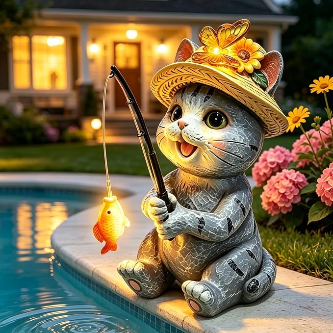 Solar Garden Outdoor Cat Statues with Butterfly, Fishing Cat Figurine Solar Lights Waterproof, Housewarming Birthday Gifts for Cat Lovers Mom Women, Lawn Home Decor for Patio Balcony Yard Ornaments