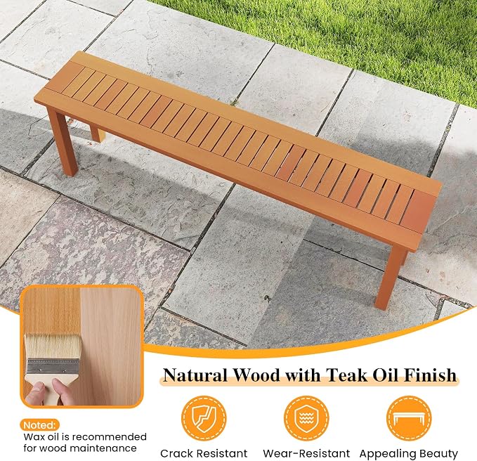 Tangkula Outdoor Wood Bench, 59” Long Patio Dining Bench Set of 2, Backless Wooden Bench with Teak Oil Finish & Slat Seat, Accent Entryway Bench, Farmhouse Bench for Yard, Garden, Porch, Indoors