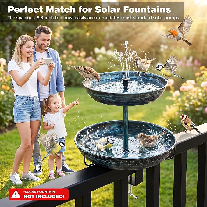 2 in 1 Deck Bird Bath & Feeder for Railing, Metal Birdbath & Birdfeeder with Adjustable Clamp, Detachable Bird Baths Water Bowl, Rustproof Wild Bird Balcony Patio Yard Garden Decor (Lake Blue)