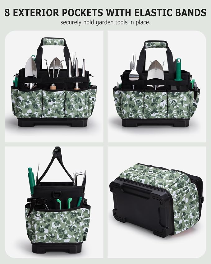 Marscamd Garden Tool Bag with Hard Bottom, Garden Tote with Shoulder Strap and Multiple Pockets (No Accessories Included), Green Rose