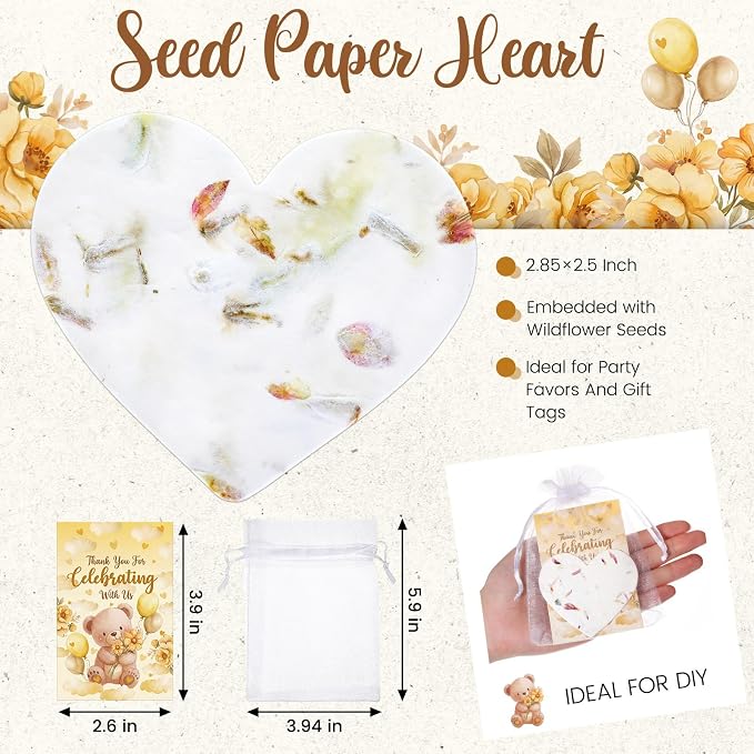 Dunzoom 50 Sets Baby Shower Party Gifts for Guests Heart Shaped Seed Paper Handmade Flower Petals Tags Plantable Wildflower Seed Paper Recycled Thank You Cards and Organza Bags for Party Favors