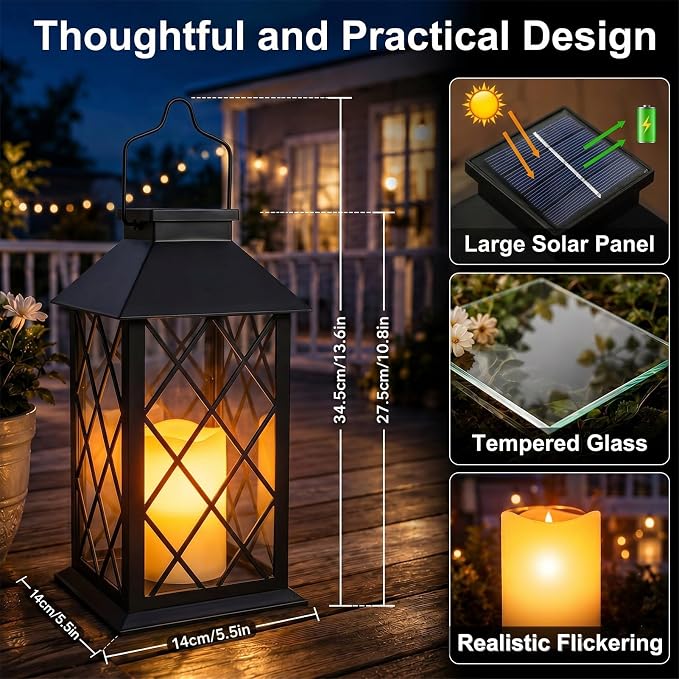 Solar Lanterns Outdoor Waterproof, 1 Pack 14‘’ Tempered Glass Outdoor Lanterns with Flameless Candles, Solar Hanging Lantern Decorative for Patio Porch Garden Table Deck Outside - Black
