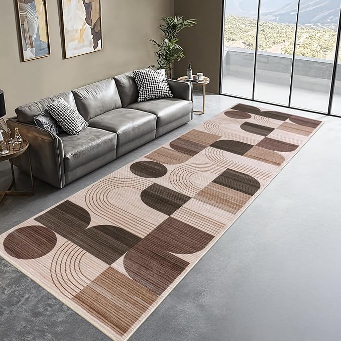 Soft Modern Geometric Abstract Machine Washable 2.7x8 Runner Rug | Brown Rugs for Bedroom Living Room, Non-Shedding Faux Wool Indoor Throw Floor Carpet for Office Entryway Dining Room Decor