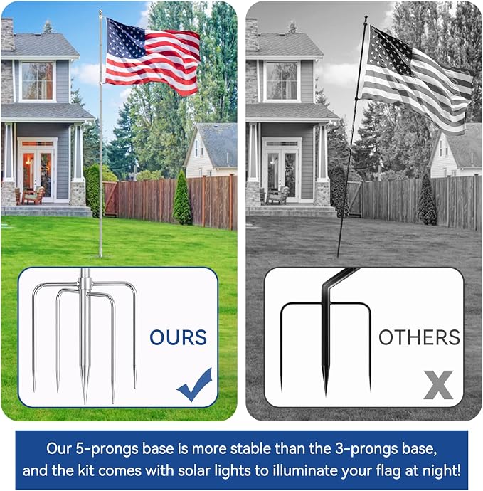 ZMTECH 12 FT Flag Pole in Ground, Heavy Duty Flag Pole Holder for Outside House with 5 Pronges Base, Extra Thick Flag Pole Kit for Yard Outdoor Garden Decor Residential Commerical Silver
