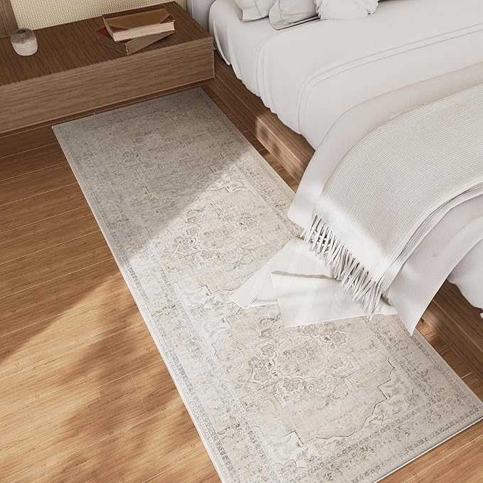 Machine Washable Runners Rug for Hallway: 2'6"x8' Kitchen Runner Rugs with Rubber Backing Non Slip Low Pile Soft Faux Wool Boho Floor Rug Carpet Runners for Hallways Entryway Bedroom Kitchen Farmhouse