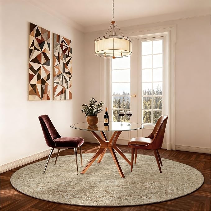 4ft Round Washable Rugs for Bedroom: Circle Living Room Rug Boho Non Slip Low Pile Soft Faux Wool Non Shedding Small Carpet for Kitchen Entryway Bathroom Bedside Office College Dorm Kids Room Entrance