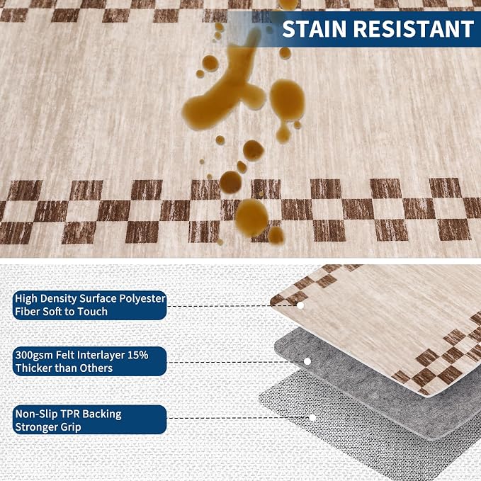 GarveeHome 4x6 Area Rug Small Washable Living Room Carpet Scalloped Rug | with Rubber Backing Stain Resistant Low Pile Dining Room Throw Carpet Modern Bordered Mat for Bedroom Kitchen, Beige