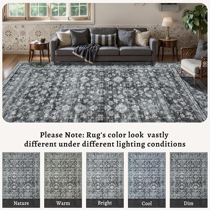 Ciicool Grey Vintage Boho 2x8 Washable Runner Rug Hallway Kitchen Rugs Washable Floral Soft Low Pile Long Carpet Suitable for Entryway Bedroom Laundry Bathroom