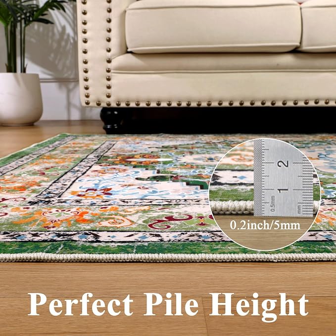 U'Artlines Boho Vintage Area Rug 6x9 Machine Washable Carpet, Green | Low Pile, Non Slip, Ultra-Thin Soft Floor Carpet, Accent Rug for Living Room Bedroom Dining Room Office