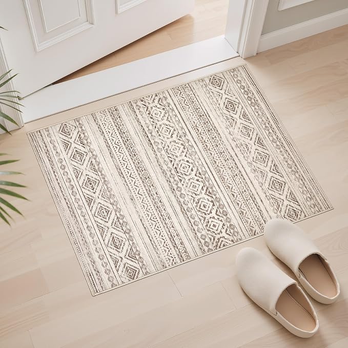 cotiled Washable 2x3 Entryway Rugs: Boho Moroccan Soft Small Rug | Solve Modern Neutral Trendy Home Decor - Stain Resistant for Bathroom Entryway Kitchen Laundry Dark Brown