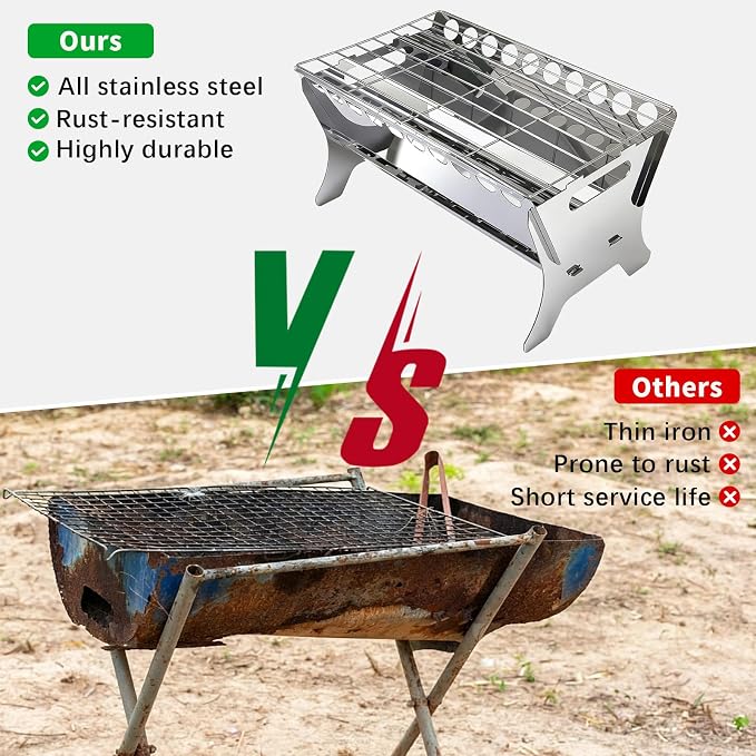 Portable Charcoal Grill, Stainless Steel Folding BBQ Grill, Heavy Duty Camping Fire Pit, Tabletop Charcoal Grills for Outdoor Cooking, Picnic, Tailgate, Beach, Backyard, 17 * 10.3 * 8.7 inch
