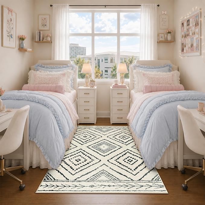 5'x7' Washable Area Rug for Living Room Bedroom White Black | Soft Western No Slip Low Pile Print Foldable Indoor for Kitchen Dining Room
