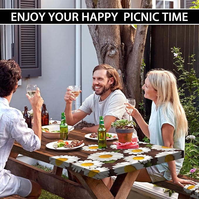 Picnic Table Cover with Bench Covers 6FT Chamomile Daisy Flowers Waterproof Fitted Picnic Table Cloths Wood Texture Outdoor Elastic Picnic Tablecloth Outdoor Camping Essentials(3pcs-72)