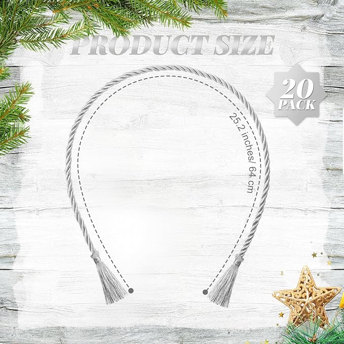 Dingion 20 Pcs Christmas Garland Decorative Banister Ties with Tassel 25.2 Inches Christmas Reusable Twist Ties for Garland Fireplace Staircase Banister Home Xmas Holiday Decorations(Silver)