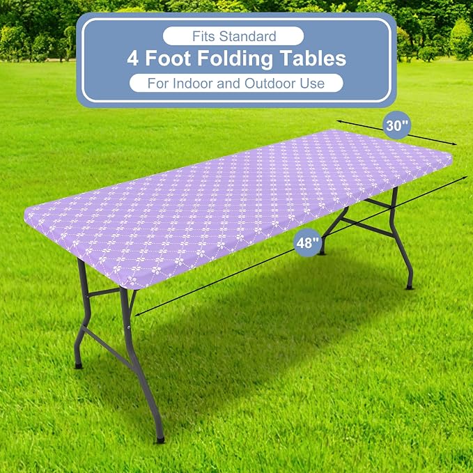misaya Rectangle Vinyl Table Cloth, Elastic Fitted Tablecloth with Flannel Backing, Waterproof Plastic Table Cover Fits 4 Foot Folding Tables for Picnic, Camping and Outdoor (Lavender, 30" x 48")