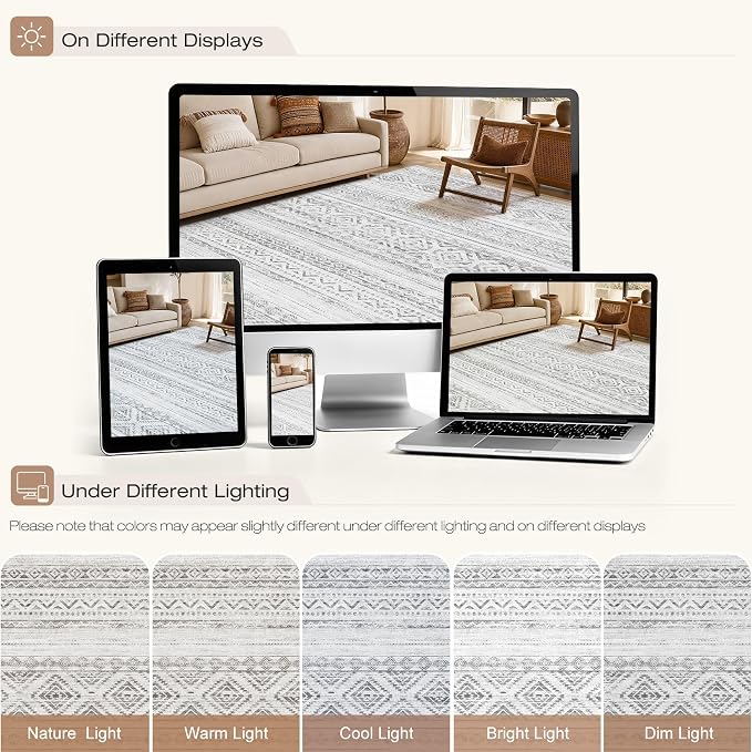 cotiled Boho 7x9 Area Rug for Living Room: Large Moroccan Washable Rug | Solve Modern Neutral Trendy Home Decor - Stain Resistan Indoor Carpet for Bedroom Dining Room Light Grey