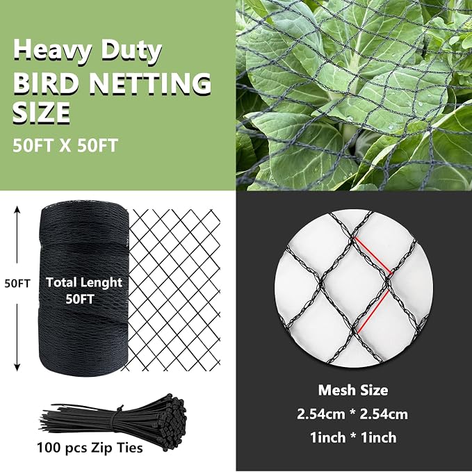 Bird Netting for Garden 50 x 50 FT Heavy Duty Black Garden Netting for Fruit Trees, Chicken Coop, Pond, Blueberry Bushes, Poultry & Deer Netting, HDPE Plant Protection Net Fence with Ties