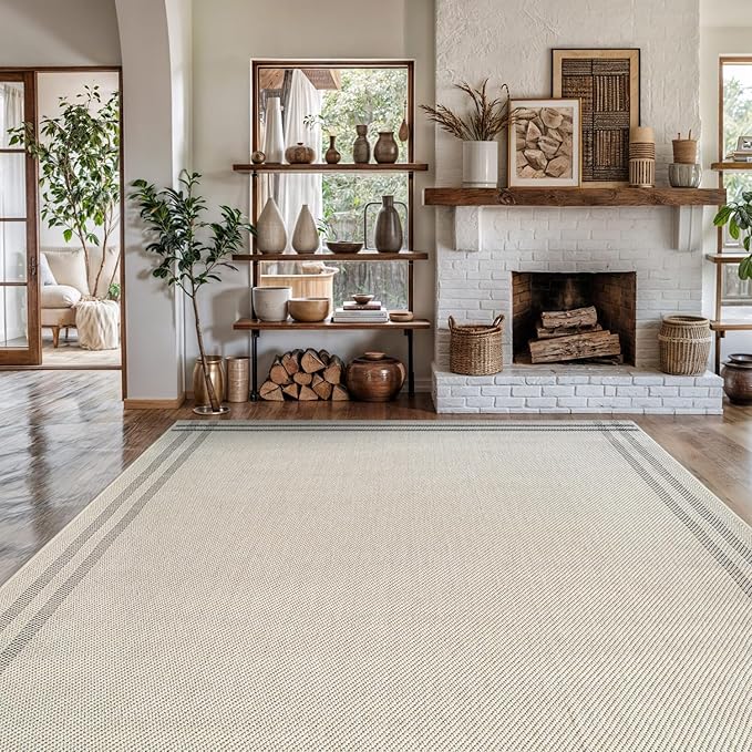 Luul Home Easy Jute Rugs 10x14 Bordered Bone Color Living Room Indoor Outdoor Area Rug for Patio and Kitchen Rug High Traffic Washable Easy to Clean Solid Boho Woven Design Outside Carpet (10 x 14)