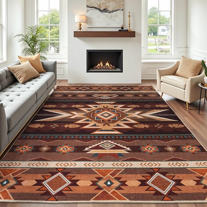 6x9 Western Rustic Aztec Area Rug for Living Room Bedroom Dining Room | 6x9 Southwestern Tribal Red Brown Low Pile Faux Wool Rug, Machine Washable Non-Slip Carpet for Living Room Dining Bedroom