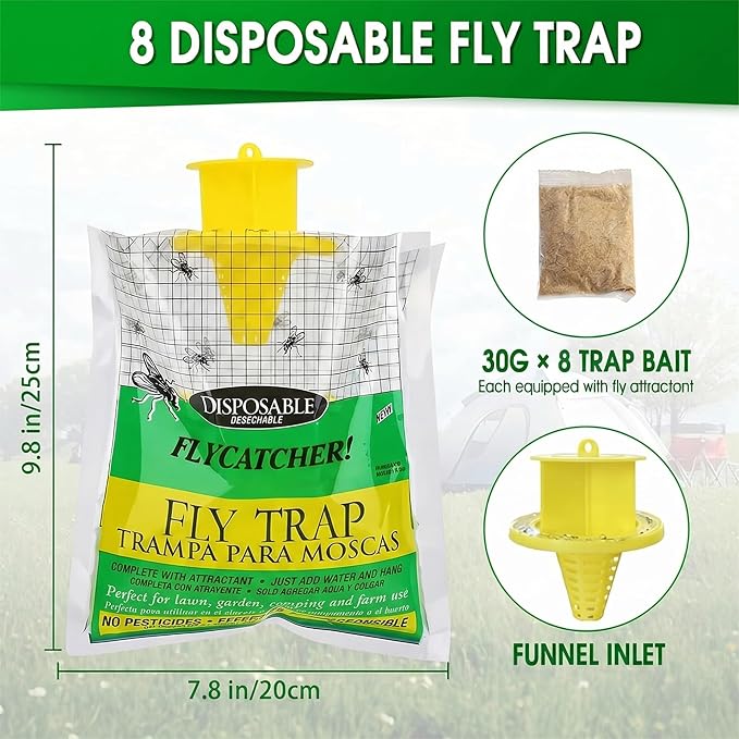 Fly Traps Outdoor Hanging, Natural Pre-Baited Bug Catcher Bags, Non-Toxic Flying Insect Killer for Outside Home, Patio, Trash Can, Horse Stables, Farm, Pastures, Backyard & Camping,4 Pack