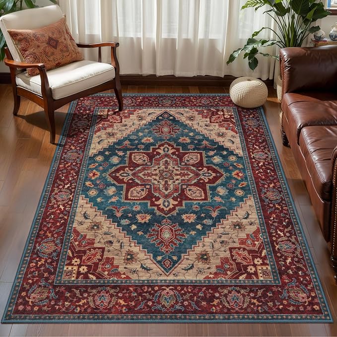 Tangsoo Oriental 3x5 Rugs, Washable Non Slip Accent Rugs for Entryway Red | Vintage Print Indoor Carpet, Boho Soft Low Pile 3x5 Area Rugs for Living Room Bedroom Bedside Bathroom Entrance Home Decor
