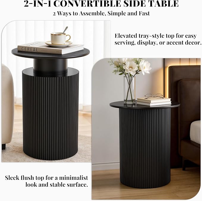 Fluted Side Table with Storage,24" Round Reversible Wood End Table | Mid Century Mdf Wood Bedside Nightstand,End Table for Small Spaces, Bedroom or Living Room