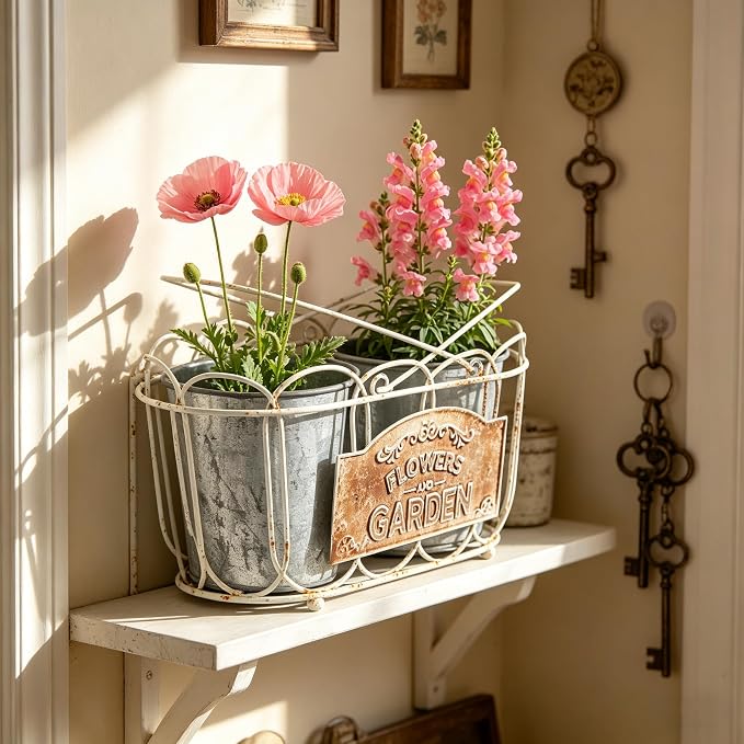 Vintage White Iron Planter Basket with 2 Metal Flower Pots - Rustic Farmhouse Plant Holder for Indoor Outdoor Balcony, Window Sill, Tabletop Decor (White#4)