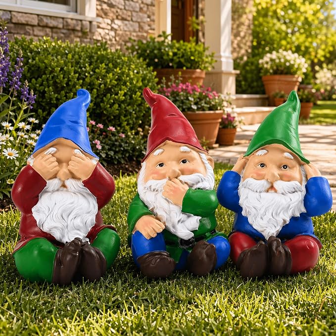 3Pcs Garden Gnomes Outdoor Statue, No Hear No See No Speak Gnomes Lawn Decor, Silence is Gold Art Gnome Figurines for Yard, Patio, Balcony, Home, Unique Garden Gifts for Mom Women Grandma