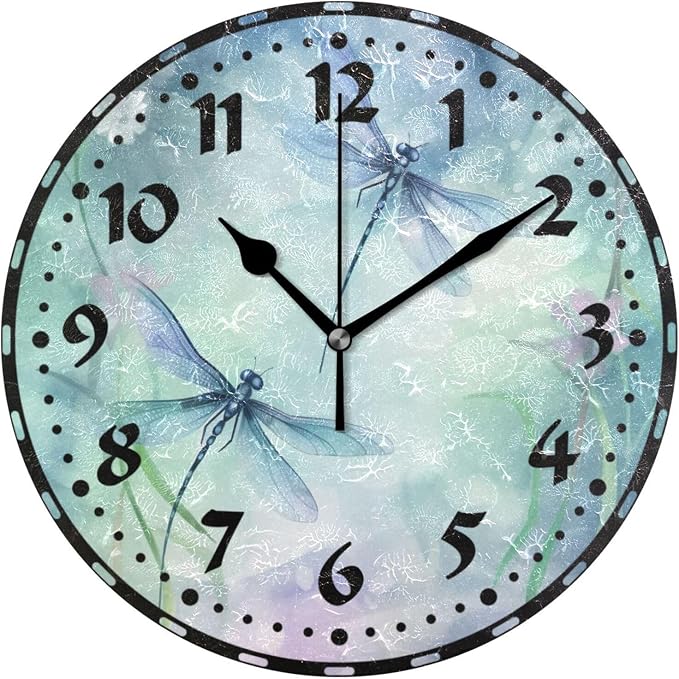 Watercolor Dragonflies Wall Clock, Silent Non Ticking 10 Inch Battery Operated Wall Clocks, Easy to Read Clock for Home Kitchen Living Room Bathroom Office Decor