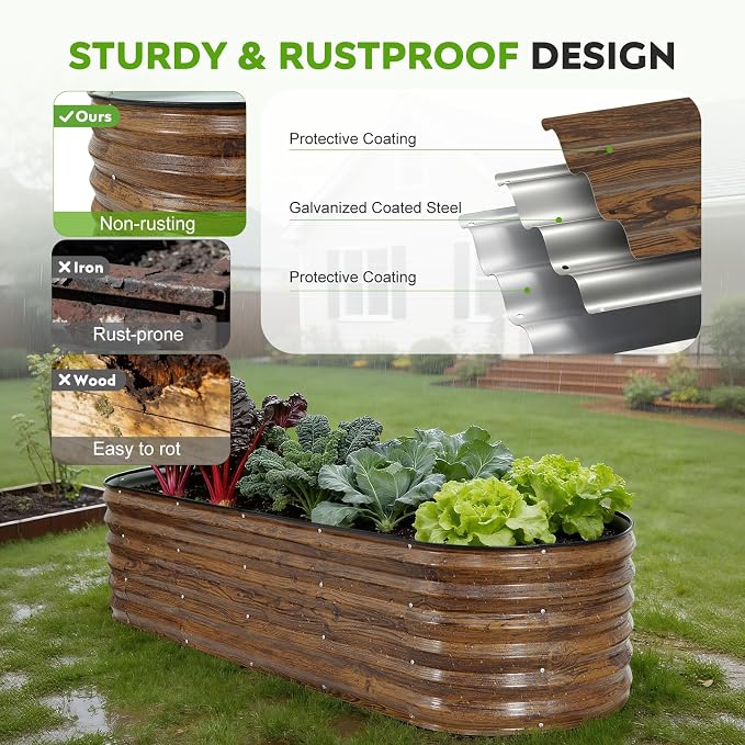 Galvanized Raised Garden Bed Outdoor- 2PCS 6x2x1.4ft Oval Steel Raised Beds for Gardening, Metal Planter Box with Protective Strip and Gloves for Vegetables, Flowers, Fruits(Brown)
