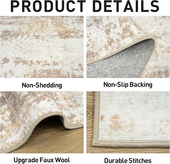 8x10 Area Rugs for Living Room: Washable Abstract Beige Grey Badroom Carpet | Non-slip TPE backing makes this washable soft low-pile rug safe & durable, Pet-friendly decor for dining room,nursery,office