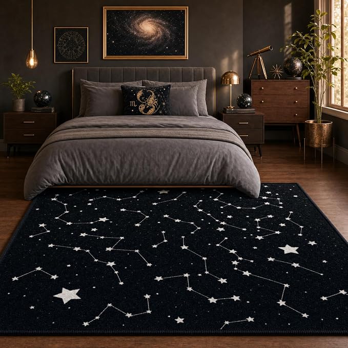 9CH Black White Star Rugs 5'x7' Space Galaxy Rug for Living Room | Celestial Starry Constellation Carpet Soft Durable, Non-Slip, Washable, Stain Resistant for Bedroom, Dining Room
