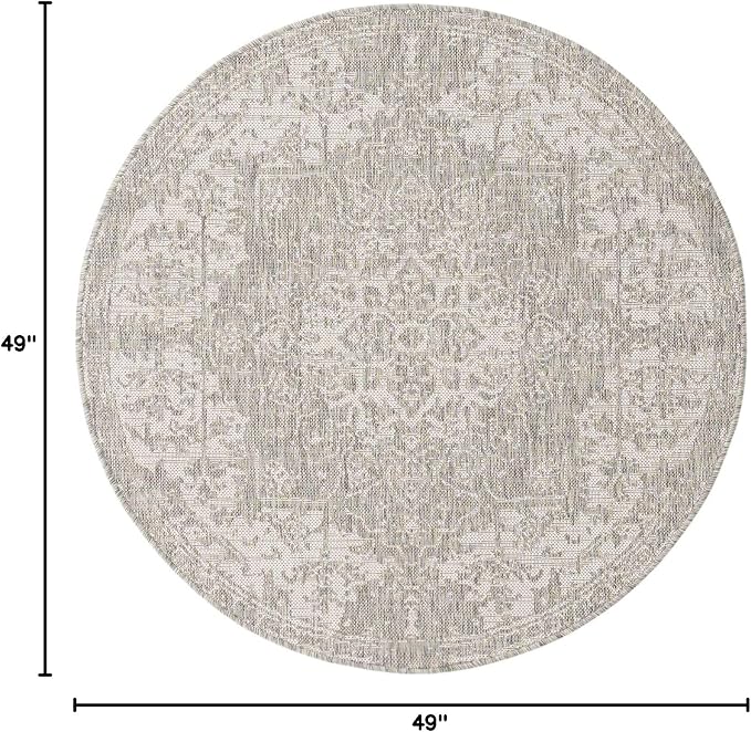 Unique Loom Outdoor Collection Area Rug - Dubai (4' 1' Round, Gray/ Ivory)