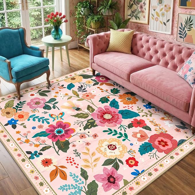 RELEANY Floral Washable Square 6ft Area Rug Pink | Flower Carpet, Print, Boho, Non-Slip, Easy to Clean, Soft, Low Pile for Living Room Bedroom Kitchen Office Entryway Hallway