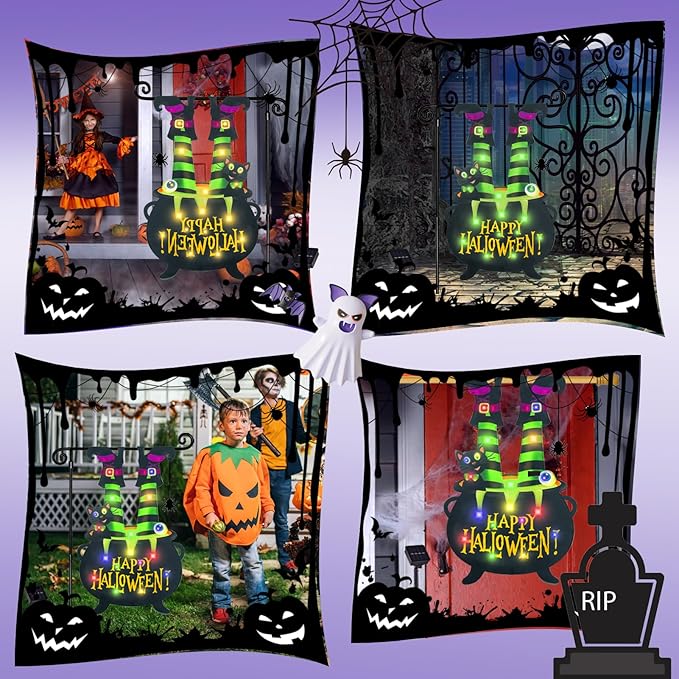 Halloween Lighted Garden Flag for Outside, Led Solar Yard Flag 8 Modes Witch Feet Shape Flag, 28x40 Double Sided Cauldron Eyeball Black Cat Decorations for Home Porch