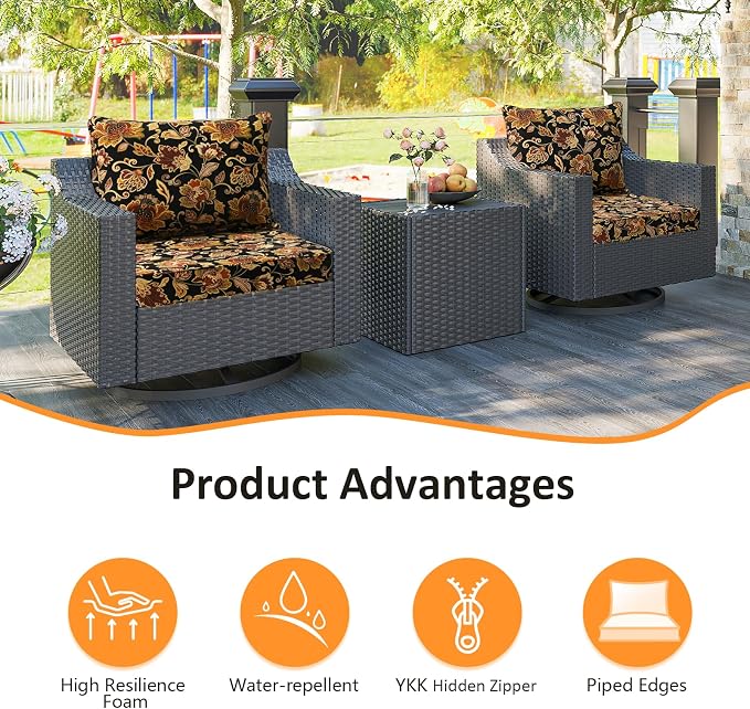 Unimatta Outdoor Patio Chair Cushions Set, 24" x 24", Set of 2, Water-Repellent, Fade Resistant, Deep Seat Bottom and Back Cushion for Backyard, Couch, Sofa and Patio Furniture, Red Yellow Vine Flower