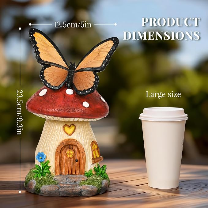 GIGALUMI Fairy Garden Houses Mushroom 9.3",Garden Statues,Fairy Houses for Outside,Fairy Garden Accessories, Butterfly House, Mushroom Decor for Yard, Patio and Birthday Gifts for Mom Women