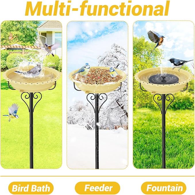 40In Bird Bath for Outside,Freestanding Birdbath & Birdfeeder with Metal Stake,Vintage Birdbaths Water Bowl with 5 Prongs Base for Outdoor Garden Yard Decor (Beige)