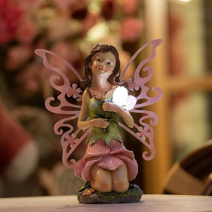 Suyorpe Solar Fairy Garden Statue Lights Outdoor Decor - Fairies Pink Flower Resin Waterproof Figurine for Patio Backyard Yard Lawn Decoration,Gift for Mom Grandma Wife
