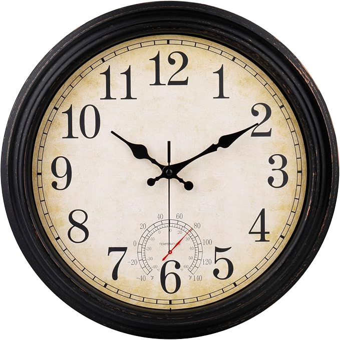 Wall Clock Vintage Style Inodor Outdoor Clock 16 Inch Large Wall Clocks Waterproof with Thermometer for Living Room Patio Pool Garden (Bronze)