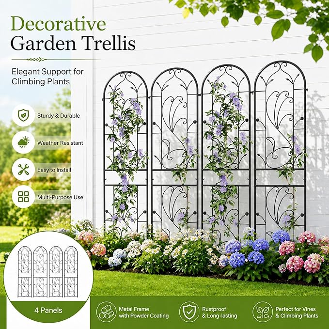 4 Pack 87x20in Garden Trellises, Sunflower Black Metal Coated Rustproof Trellis for Climbing Plants Outdoor, Roses, Vegetables, Vines, Cucumbers