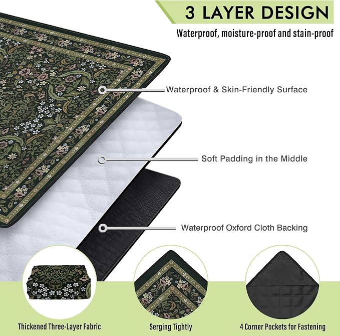 Floral Picnic Blankets Waterproof Foldable, 60″X80″ Packable Picnic Mat Vintage Outdoor Blanket for Grass, Large Beach Blanket Sandproof Picnic Accessories for Camping Music Festival Park Lawn Travel